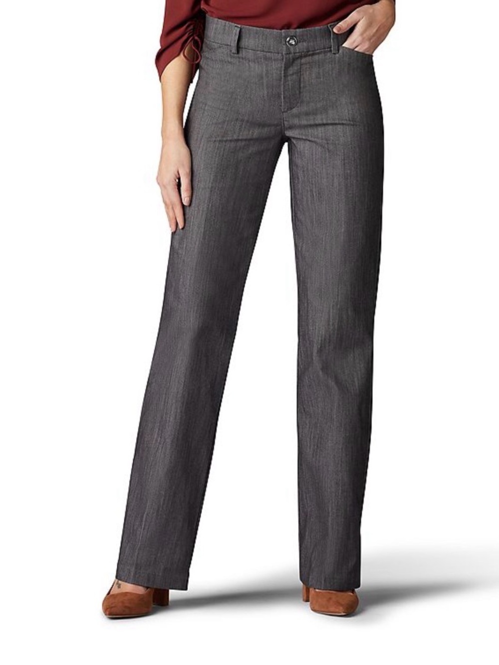 Lee Straight Leg Mid Rise Charcoal Gray Dress Pants Flex Motion Women’s 14 Short
